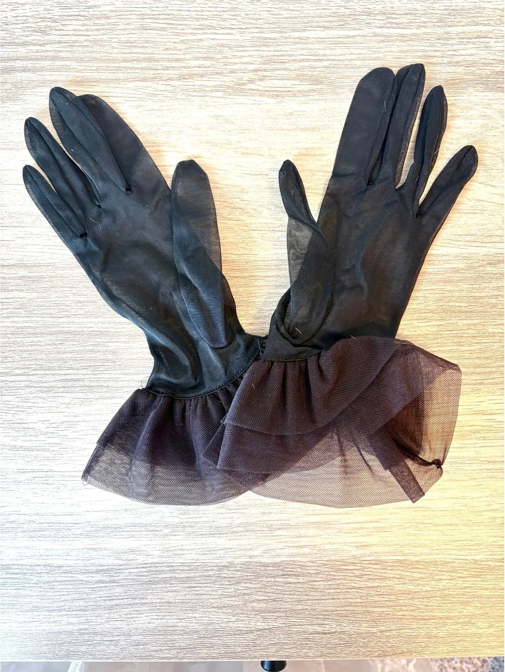 Vintage Black Sheer Nylon Gloves Tulle Ruffle Cuffs Faux Pearl Formal 1960s